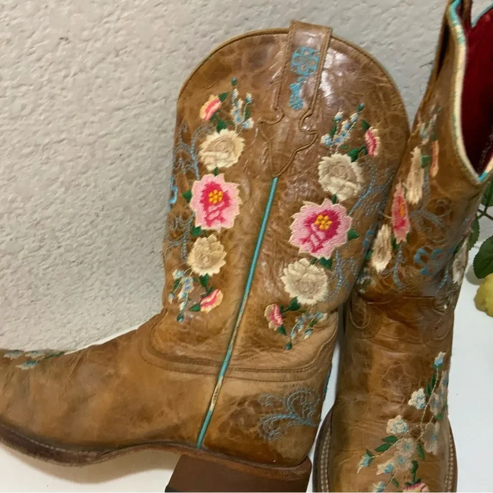 Macie Bean Boots Girls SZ 3 Floral Rose Garden Cowgirl Brown Leather